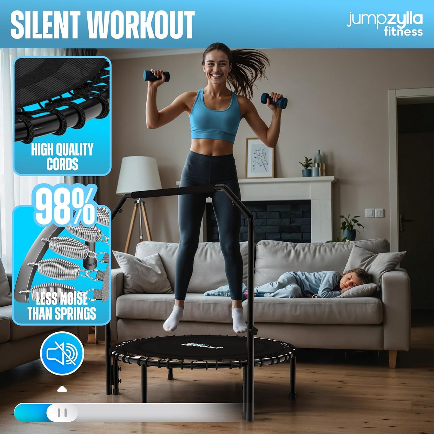 40"/48" Foldable Mini Rebounder – Adult Fitness Trampoline with Bar, Quiet, Durable & 550LBS Load for Home Workouts 🏠