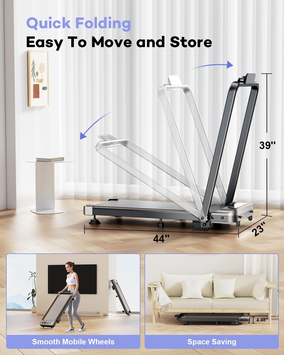Foldable Treadmill with 8% Incline – 3.5HP Low-Noise Walking Pad, 4-in-1 Portable Under Desk Treadmill with Handlebar, 330LBS Capacity, APP & Remote Control 🏃