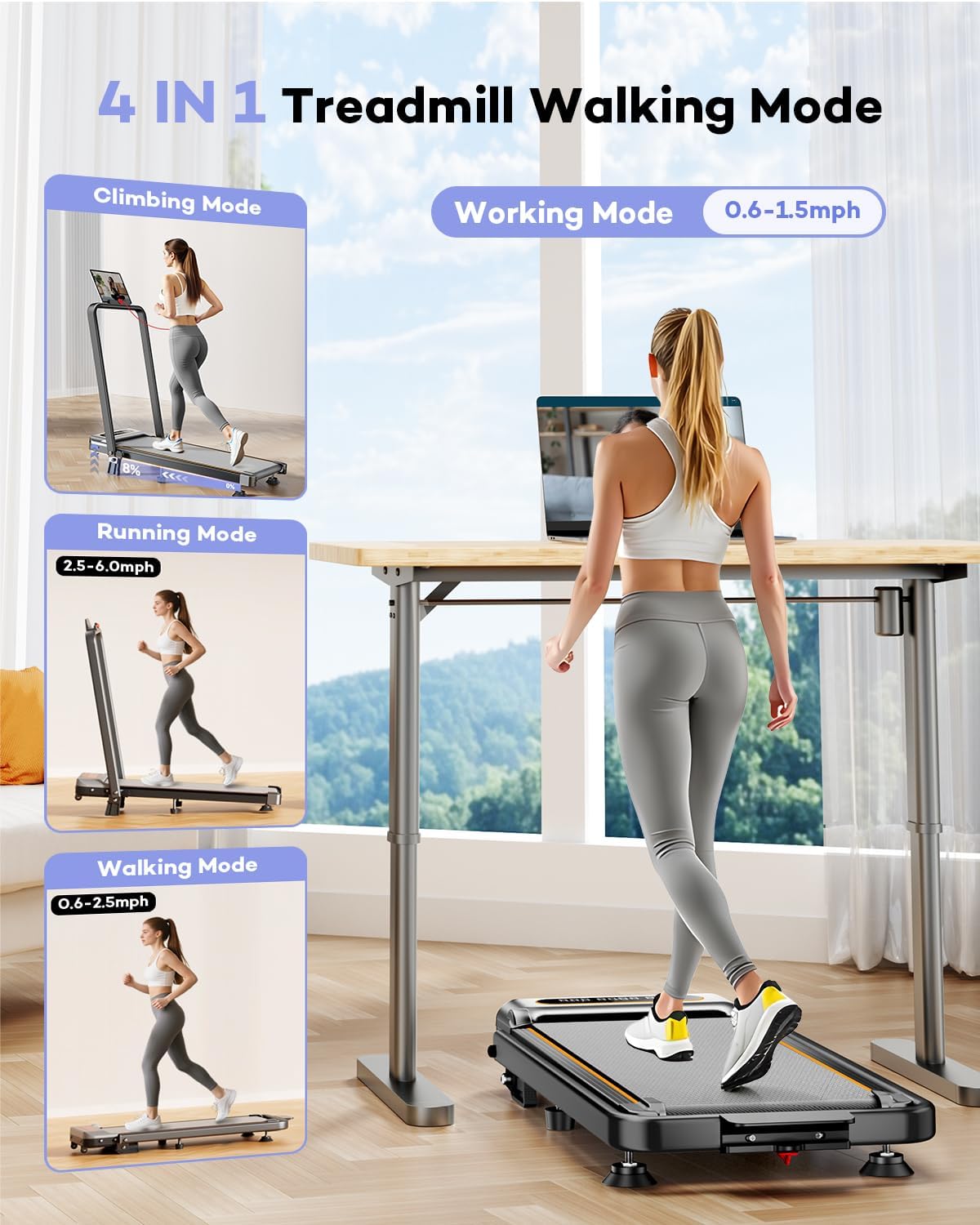 Foldable Treadmill with 8% Incline – 3.5HP Low-Noise Walking Pad, 4-in-1 Portable Under Desk Treadmill with Handlebar, 330LBS Capacity, APP & Remote Control 🏃